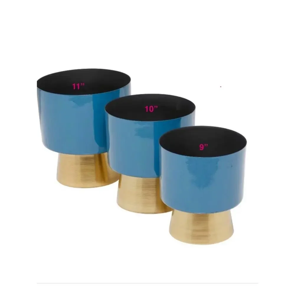 CosmoLiving NEW Blue & Gold Metal Planter 3/SET Modern Home Decor Indoor/Outdoor